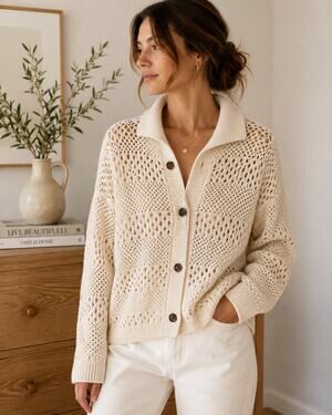 Zara Cream Open Knit Cotton Collared Cardigan Size L ✨